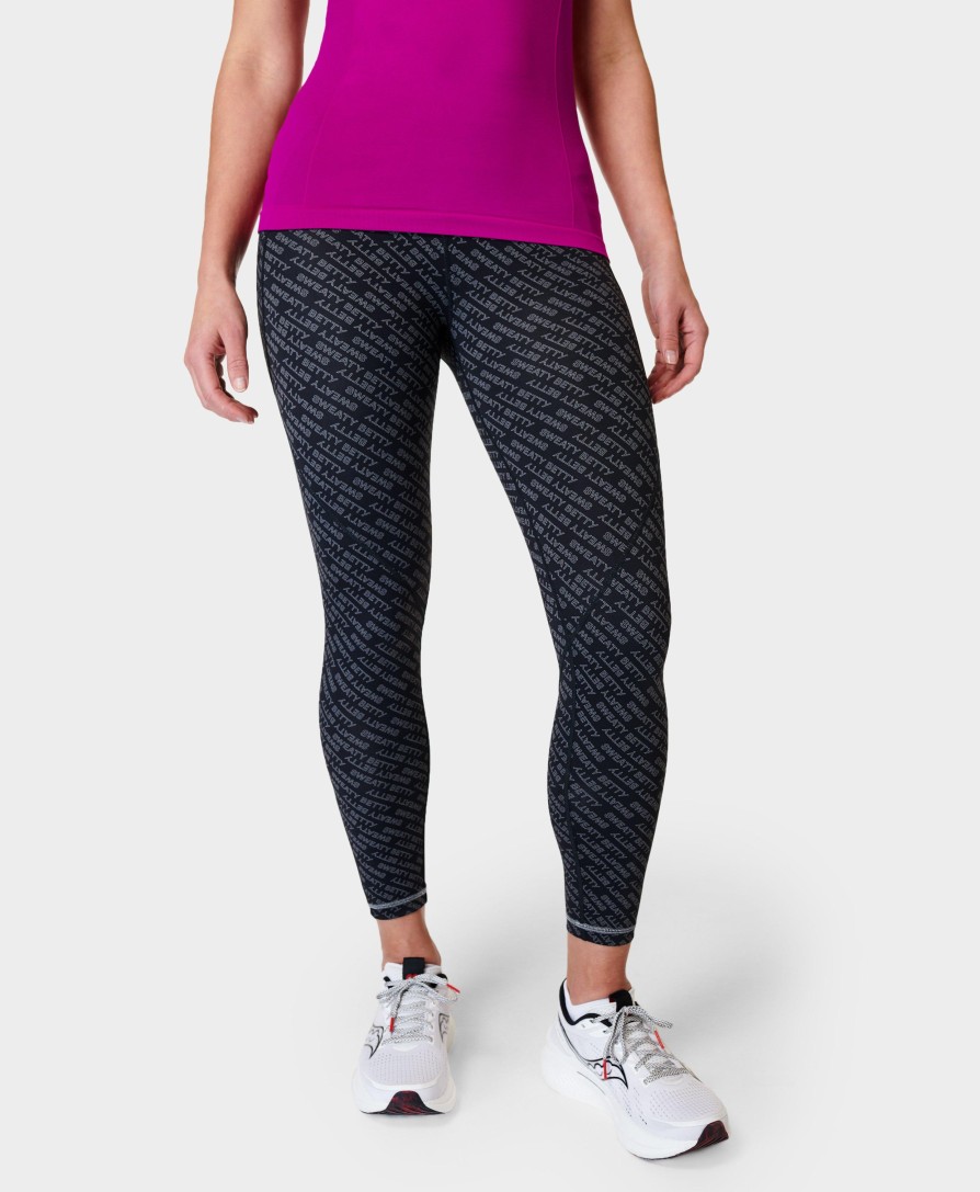 SWEATY BETTY Leggings | Power Pro Workout 7/8 Leggings Sb9051A78 Grey-Glitch-Typograp